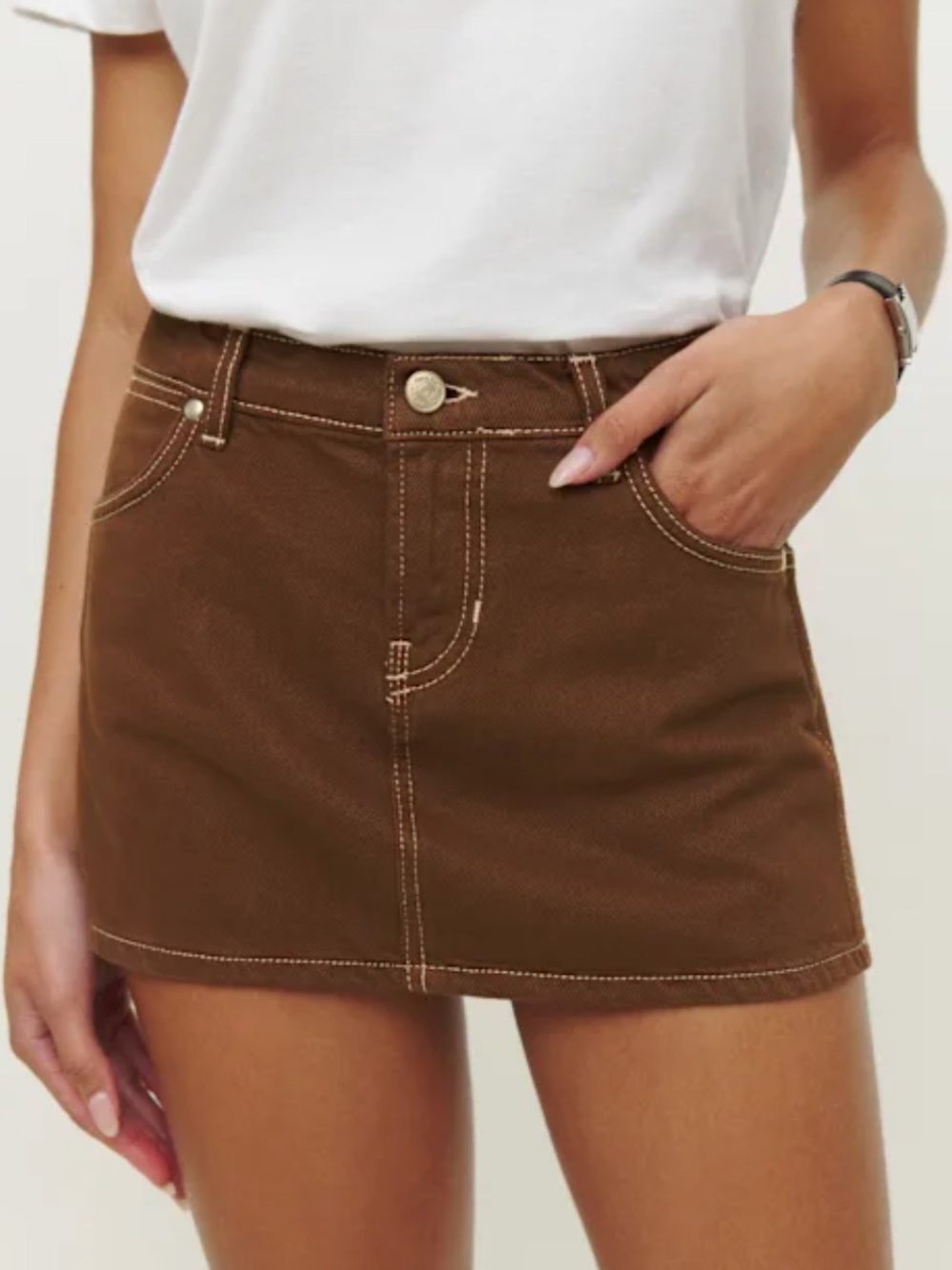 Garage Brown Denim Mini Skirt with Contrast Stitching